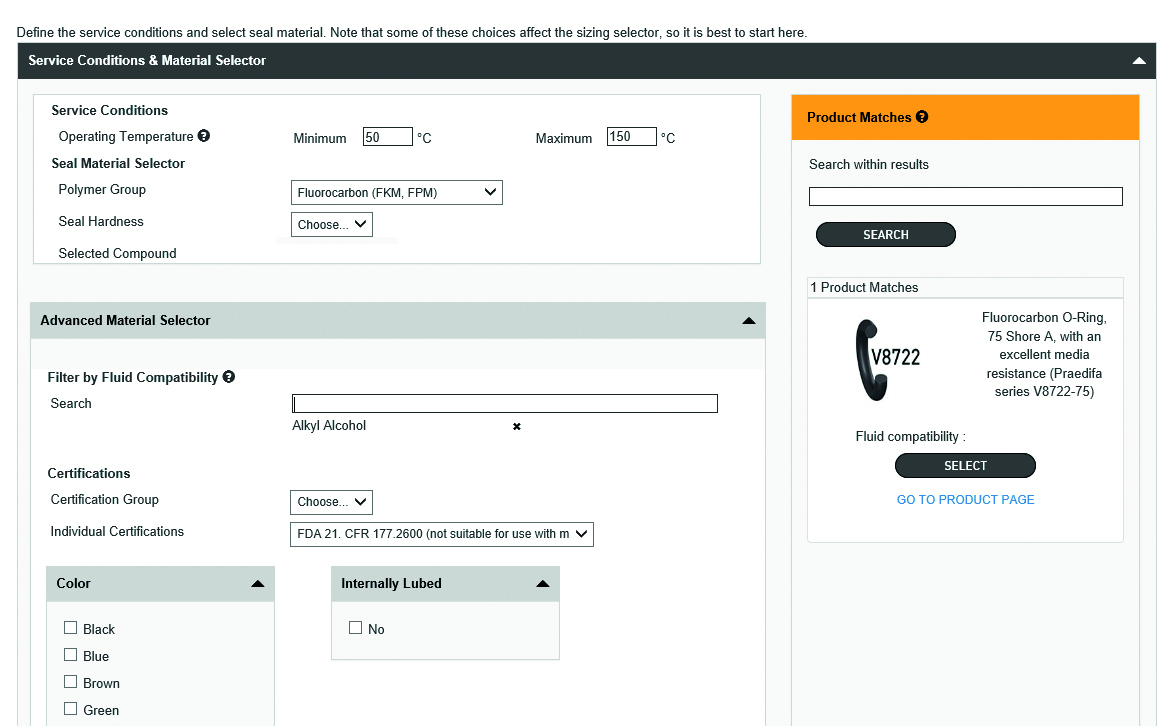 Materialauswahl im "Service Conditions & Materials Selector" (Bild: Parker Hannifin GmbH)