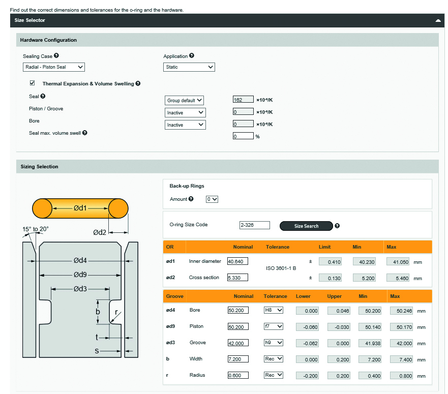 Bild 1: Beschreibung des abzudichtenden Systems („Hardware Configuration“) und der Größenauswahl („Sizing Selection“) (Bild: Parker Hannifin GmbH