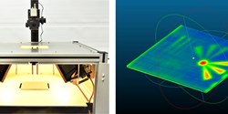 Thermografiesystem bei der Messung einer CFK-Platte (links), dreidimensionale Darstellung der Messergebnisse (rechts) (Bild: SKZ)