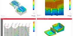 Verschiedene Simulationsergebnisse, dargestellt mit SIGMAinteract®. Von links oben nach rechts unten: Tracerpartikel, vollständiges Werkzeug, Parallelkoordinatendiagramm und Verzug (Bild: SIGMA Engineering GmbH)