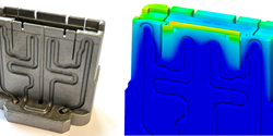 Simulation und Realität – Der Formeinsatz (hier im Schnitt) musste sich vor der Herstellung im SIGMASOFT® Virtual Molding bewähren (Bild: links /H&B/Electronic, rechts SIGMA Engineering).